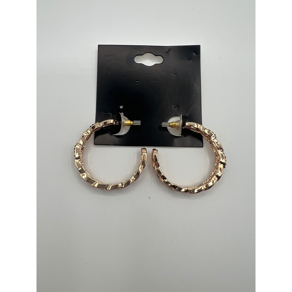 Rose Gold Tone Curb Chain Hoop Earrings with Green Rhinestones Medium Size